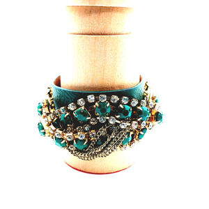 Jewelry Leather Crystal Bracelet Guang Tong Green Gold Tone Mob Wife Adjustable